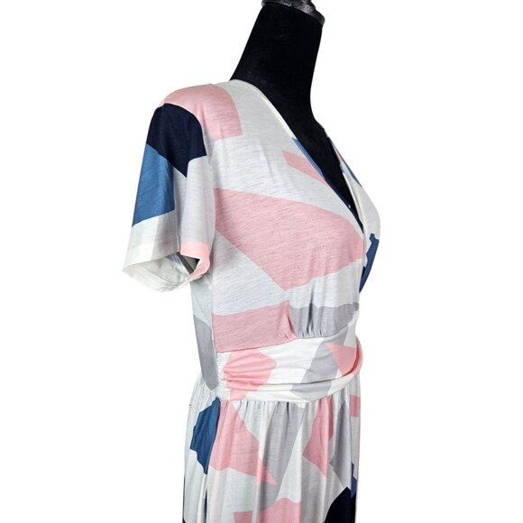 Womens Abstract Print V-Neck Short Sleeve Wrap Midi Dress Size M Casual Everyday - Picture 7 of 15